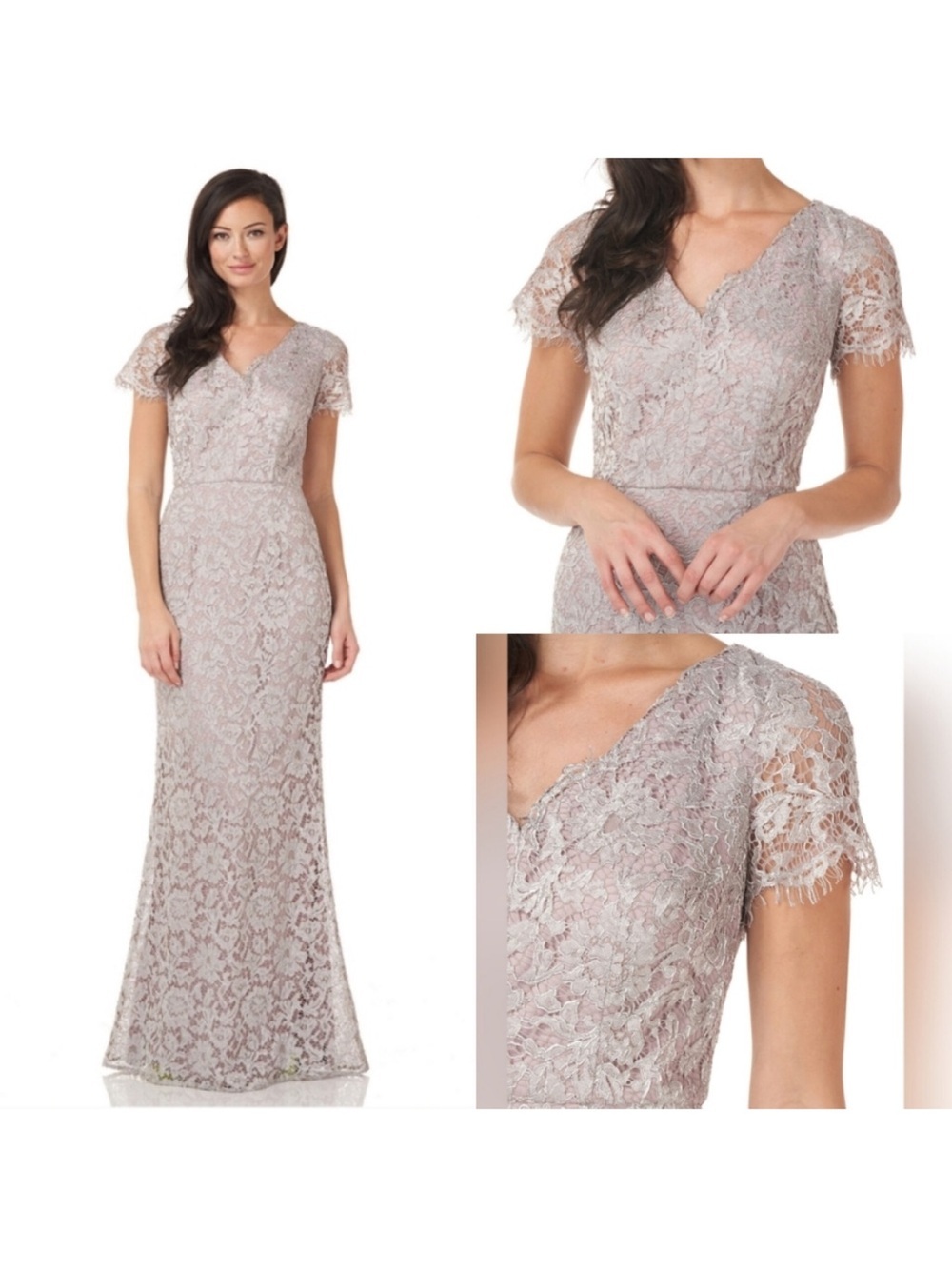 JS collections v neck short sleeve floral metallic lace formal gown silver nwt